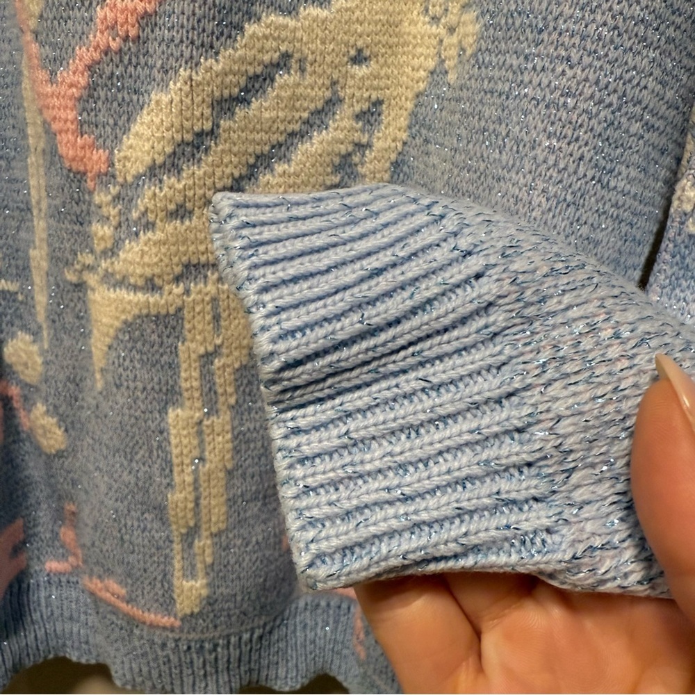 Vtg 80s Light Blue Bird Cherry Blossom Metallic Shimmer Knit Sweater Pastel L/M - Picture 4 of 7